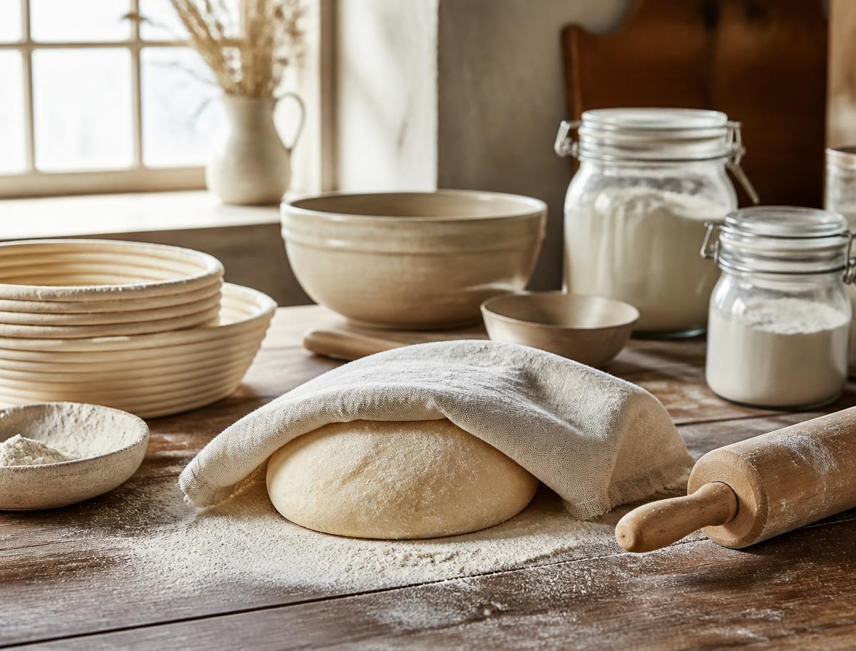 Bread dough resting under linen on a floured wooden table in a sunlit kitchen